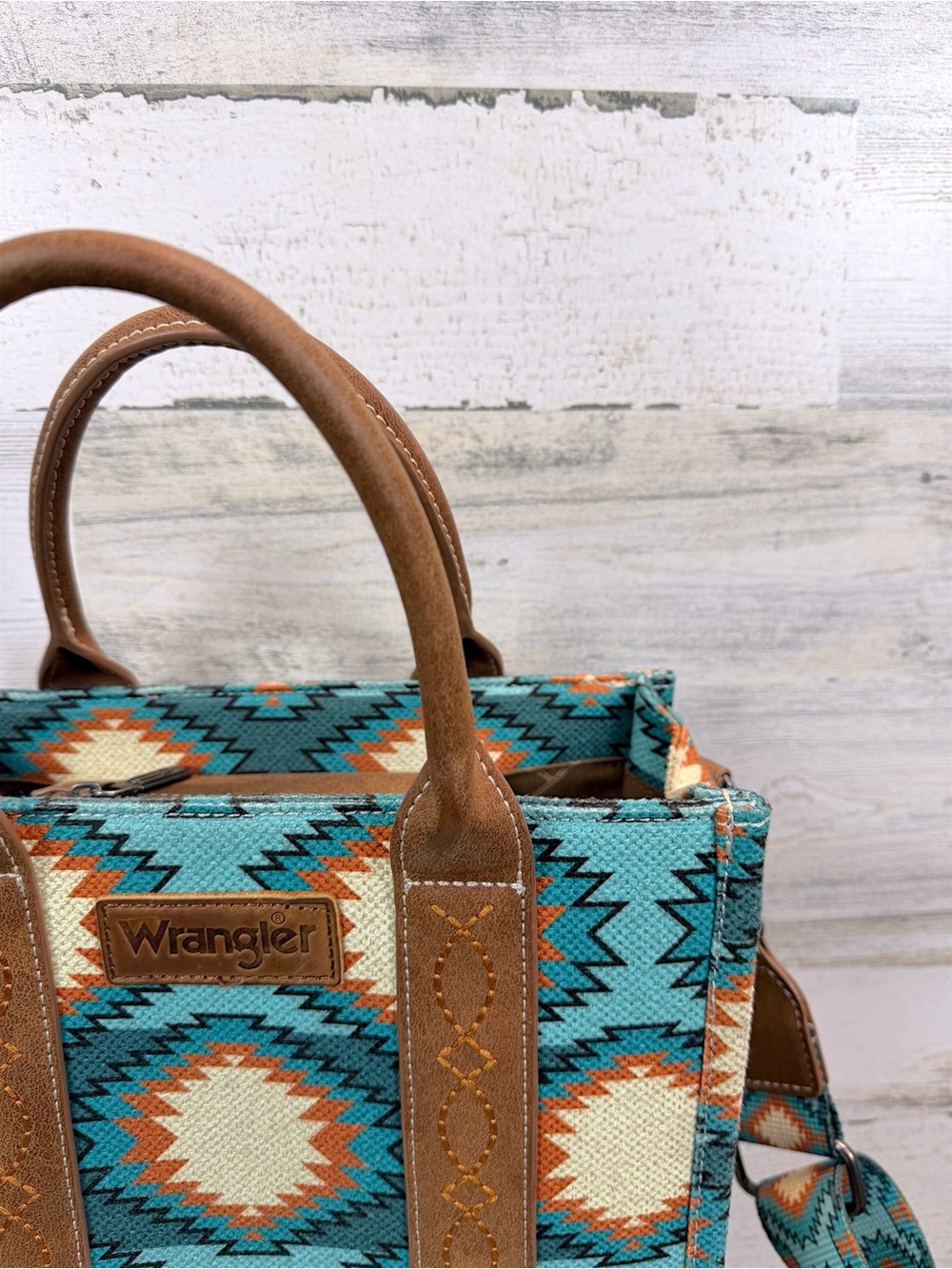Wrangler Southwestern Aztec Canvas Tote Crossbody Bag Turquoise Western Chic - Picture 6 of 14